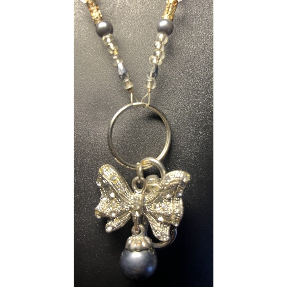 Beaded Lanyard ID Badge Holder Pewter Beads Butterfly Charm Chain Approx 32" - Picture 3 of 4